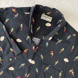 KENNY FLOWERS Mens Hawaiian Shirt Large Parrots & Palapas Print Black SS Button